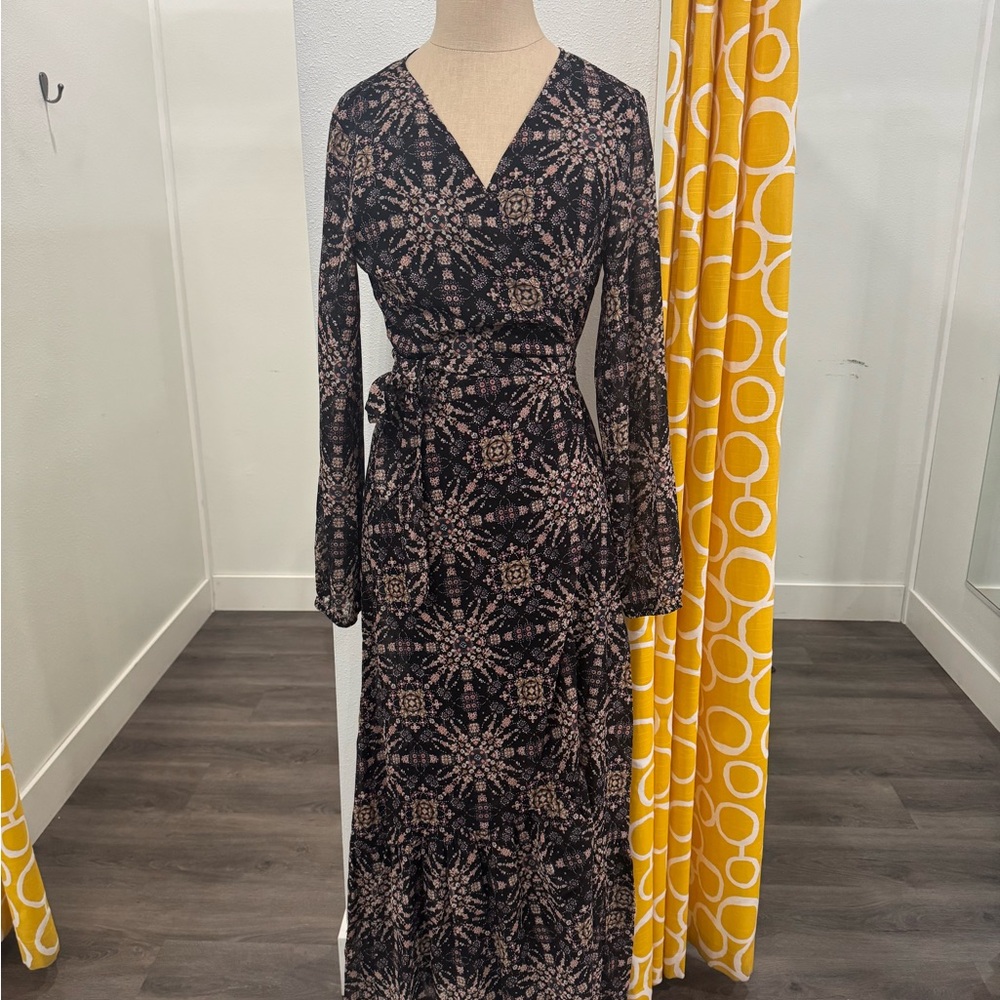 Black printed full length wrap dress.  Lined